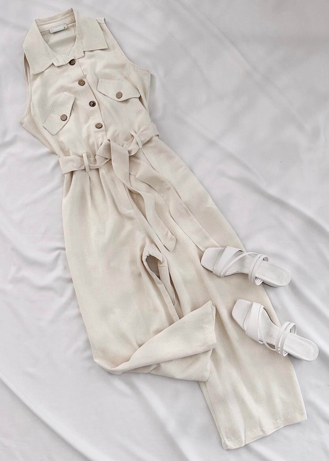 Bej Keten Düğmeli Tulum