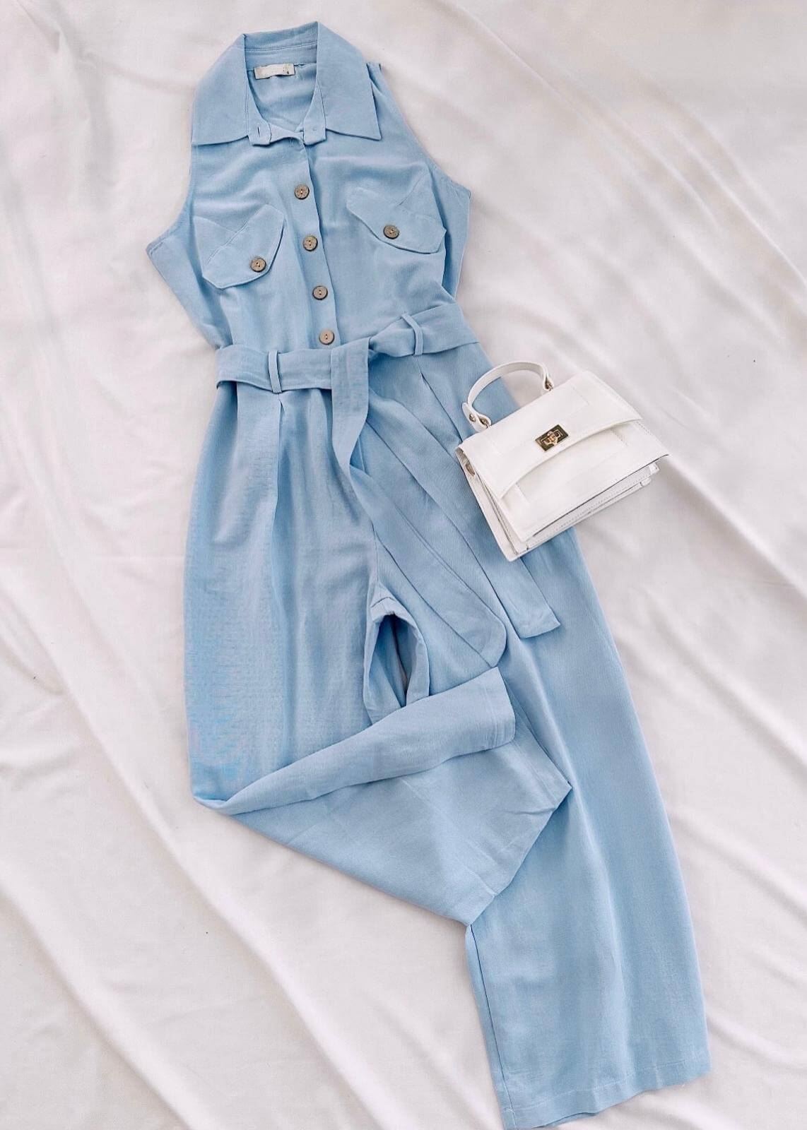 Mavi Keten Düğmeli Tulum