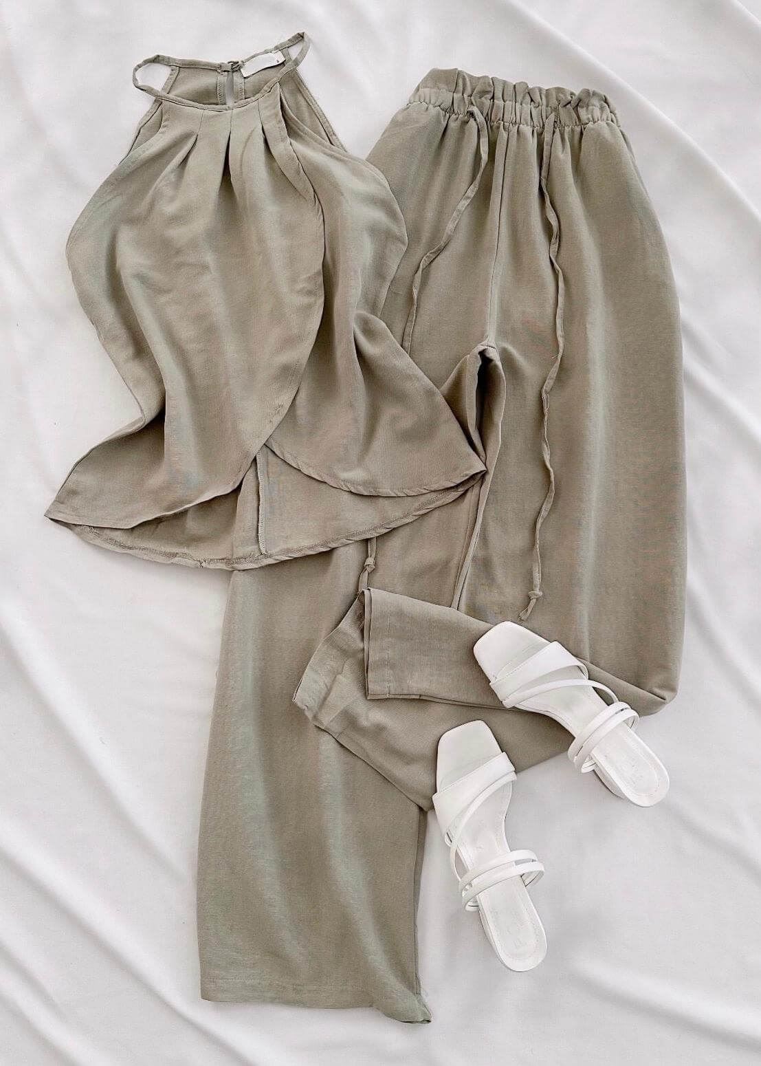 Yeşil Ön Kruvaze Detay Keten Pantolon Takım 