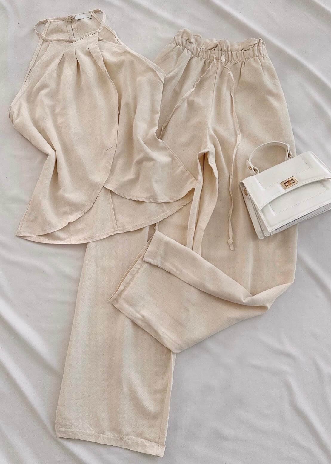 Bej Ön Kruvaze Detay Keten Pantolon Takım