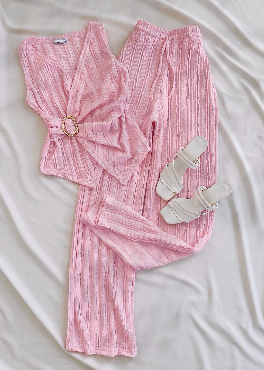 Pembe Dokulu Tokalı Bel Detay Takım