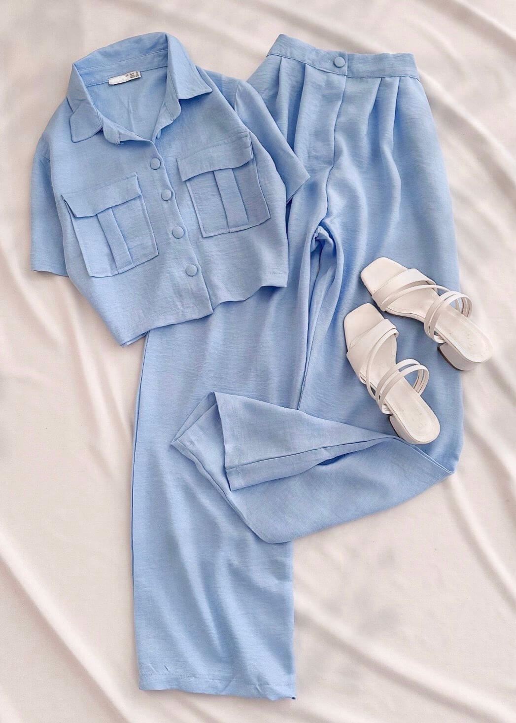 Mavi Gömlek Pantolon Keten Takım