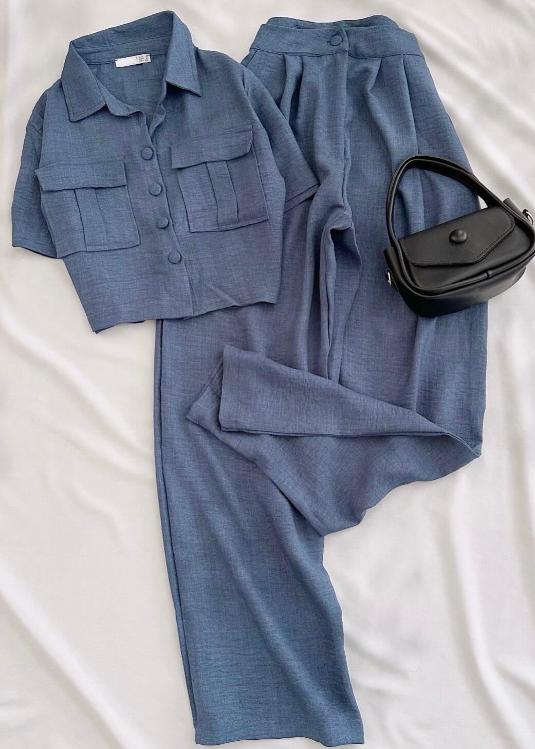 İndigo Gömlek Pantolon Keten Takım