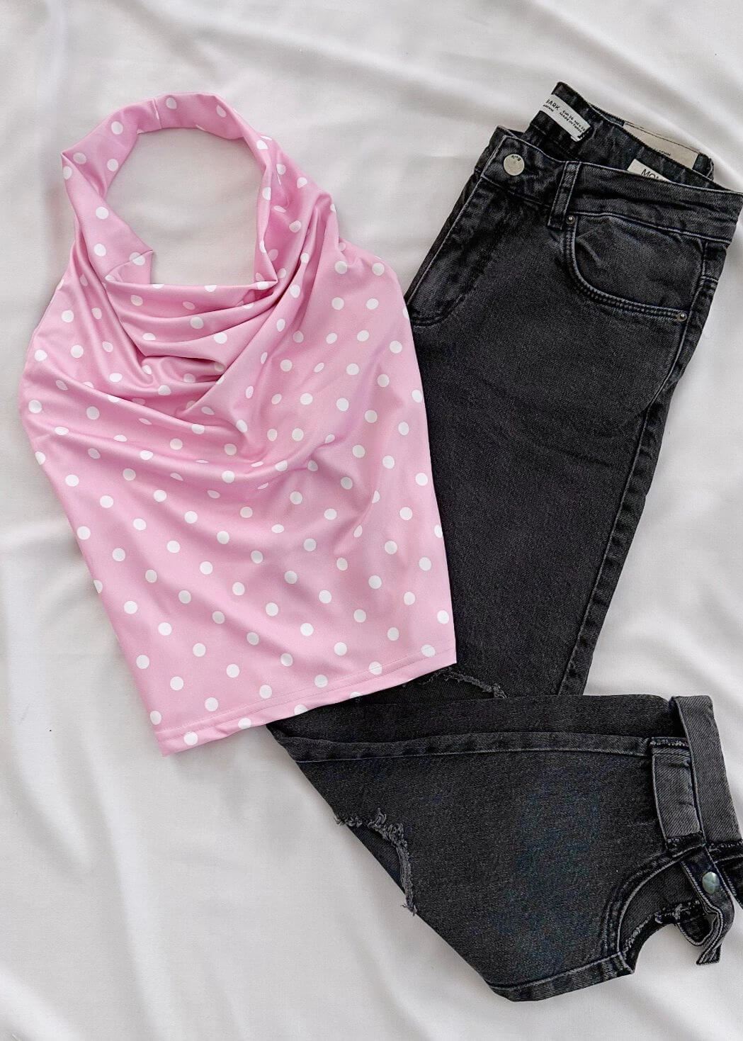 Pembe Puantiye Desen Degaje Yaka Bluz