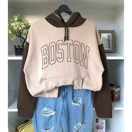 Bej Boston 3 İplik Kapüşonlu Sweat