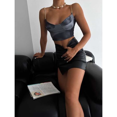 Siyah Yıkama Zincir Detay Büstiyer Crop