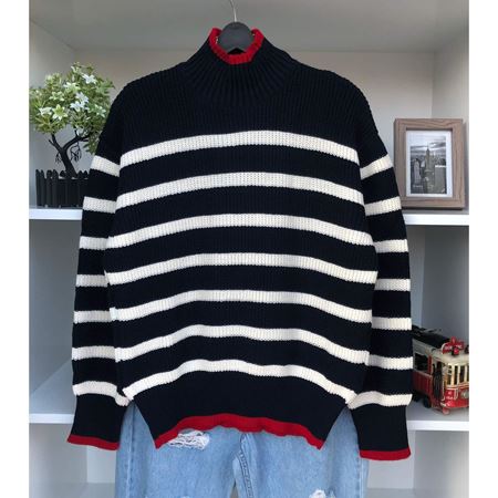 Lacivert Kırmızı Şeritli Balıkçı Yaka Kazak