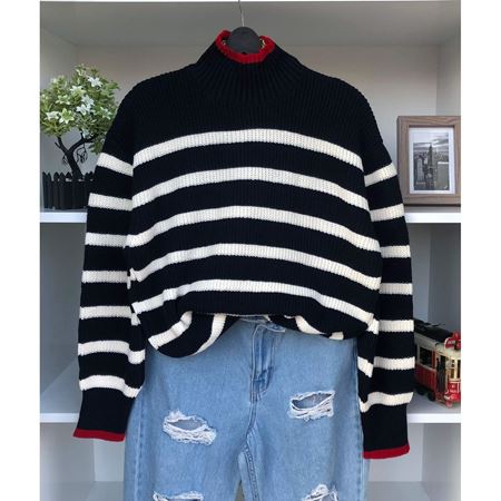 Lacivert Kırmızı Şeritli Balıkçı Yaka Kazak