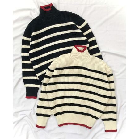 Lacivert Kırmızı Şeritli Balıkçı Yaka Kazak