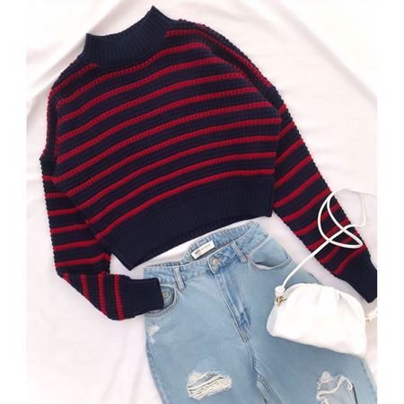 Lacivert Şerit Detay Kazak