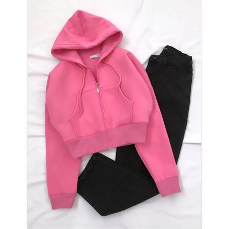 Pembe Kapüşonlu 3 İplik Crop Ceket