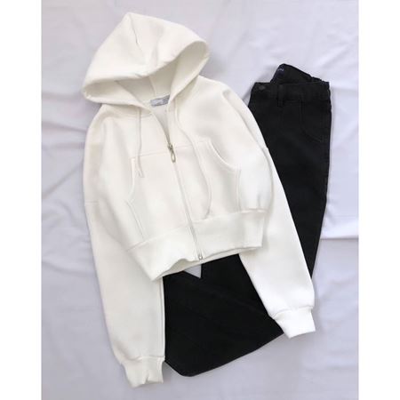 Beyaz Kapüşonlu 3 İplik Crop Ceket