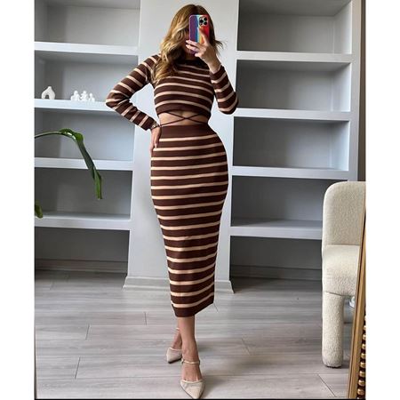 Kahverengi Bel Detay Çizgili Etek Takım