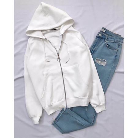 Beyaz Kapüşonlu 3 İplik Ceket