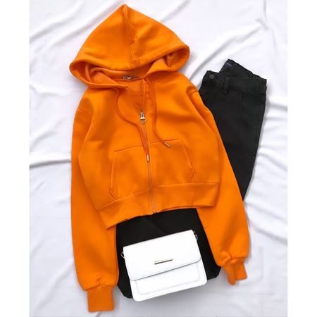 Turuncu Kapüşonlu 3 İplik Crop Ceket