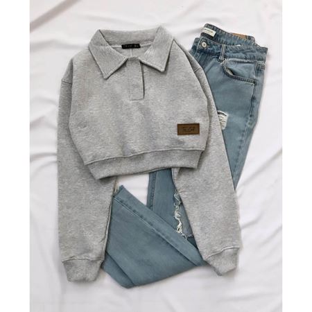 Gri 3 İplik Polo Yaka Crop Sweat