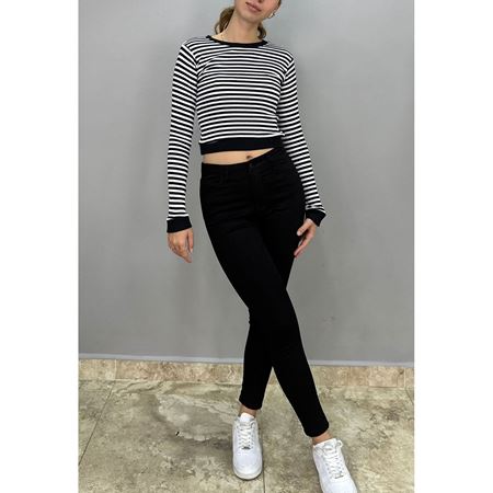 Siyah Bisiklet Yaka Çizgili Bluz