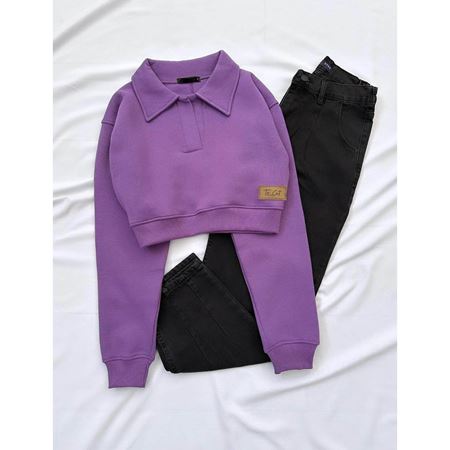 Lila 3 İplik Polo Yaka Crop Sweat