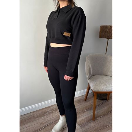 Siyah 3 İplik Polo Yaka Crop Sweat
