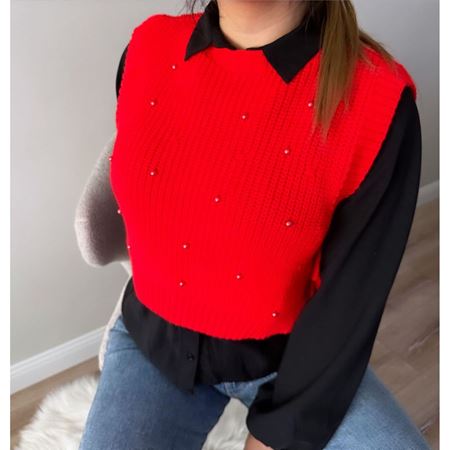 Kırmızı İncili Bağlama Detay Kısa Süveter