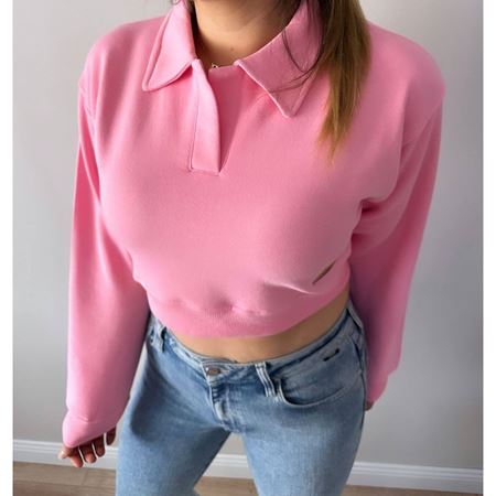 Pembe 3 İplik Polo Yaka Crop Sweat