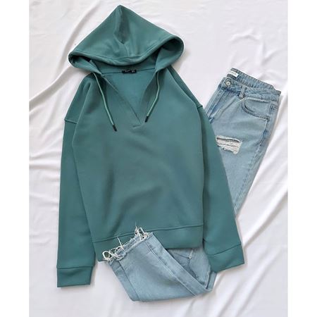 Turkuaz Kapüşonlu 3 İplik Sweat