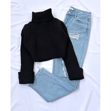 Siyah Balıkçı Yaka Crop Kazak