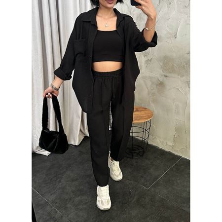 Siyah Keten Gömlek Pantolon Takım