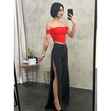 Siyah Yırtmaç Detay Likrasız Jean Pantolon