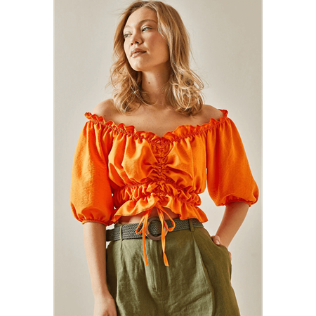 Turuncu Madonna Yaka Ayarlanabilir Bluz