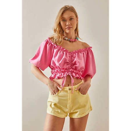 Pembe Madonna Yaka Ayarlanabilir Bluz