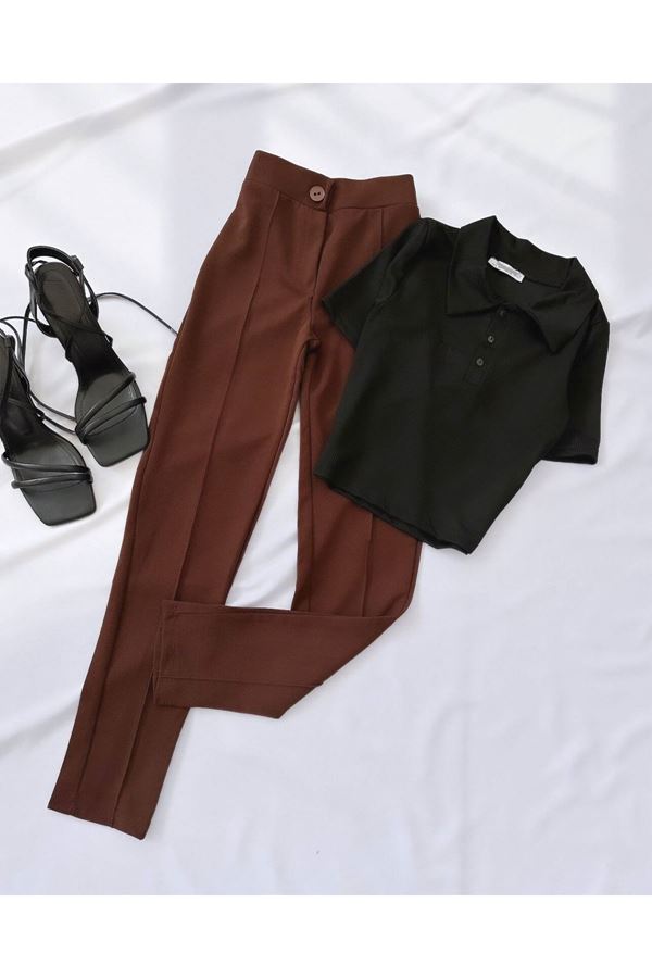 Siyah Düğmeli Polo Yaka Crop