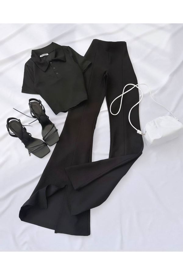 Siyah Düğmeli Polo Yaka Crop