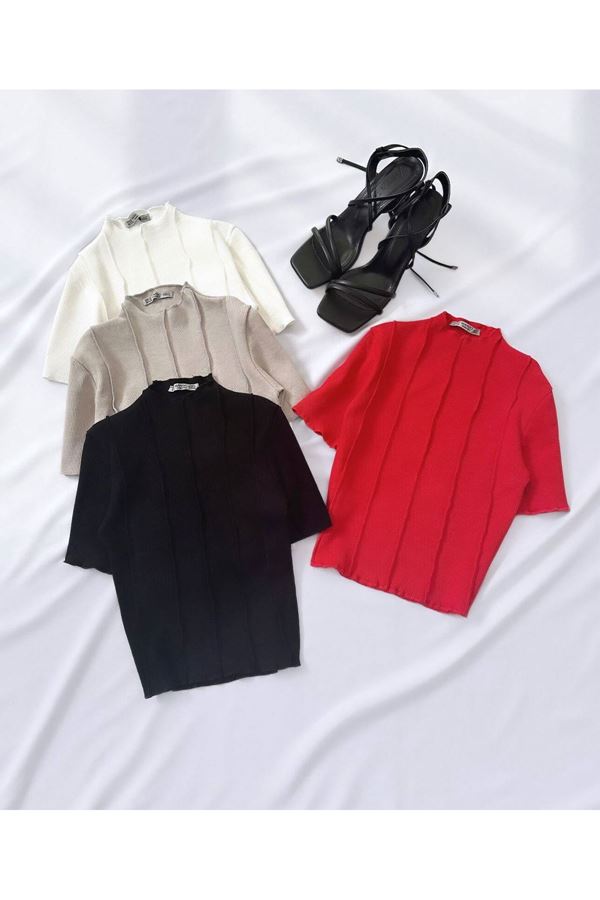 Kırmızı Ters Dikiş Crop Bluz