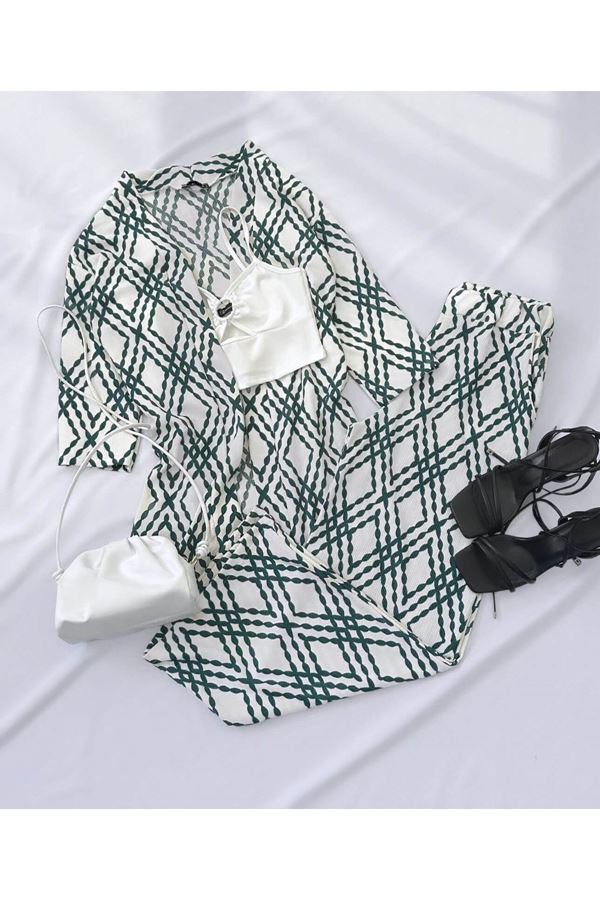 Yeşil Baklava Desenli Kimono Pantolon Takım