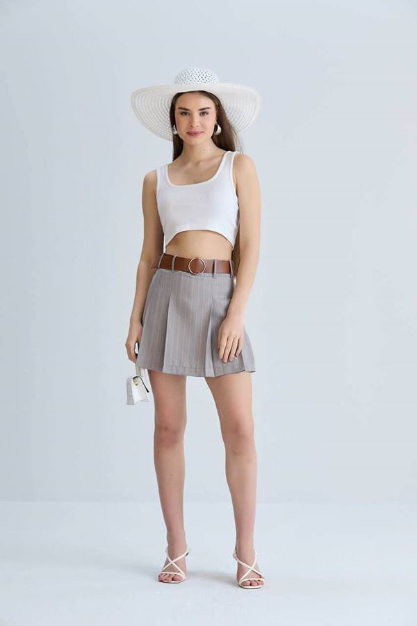 Gri Çizgili Kemerli Şort Etek