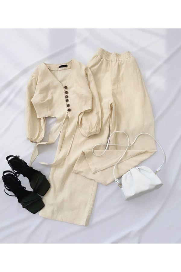 Bej Keten Düğmeli Astarlı Pantolon Takım