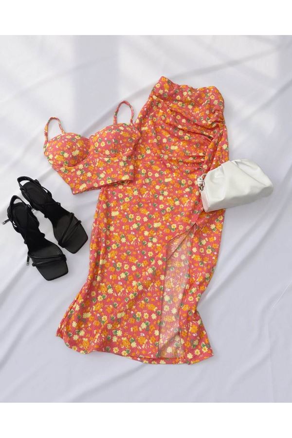 Turuncu Çiçekli Gloplu Etek Takım