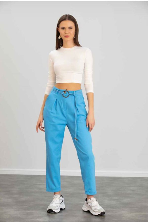 Mavi Halkalı Keten Pantolon