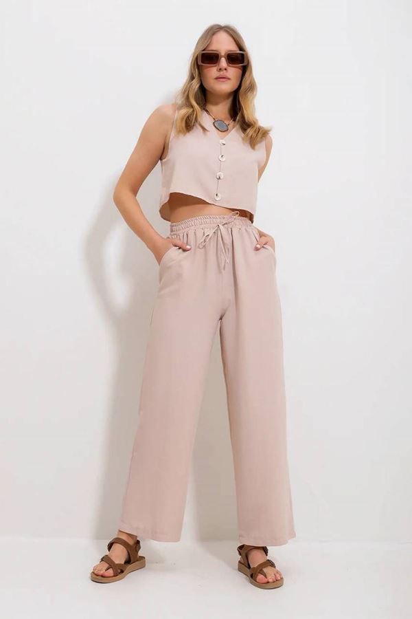 Bej Yelek Pantolon Dokuma Takım