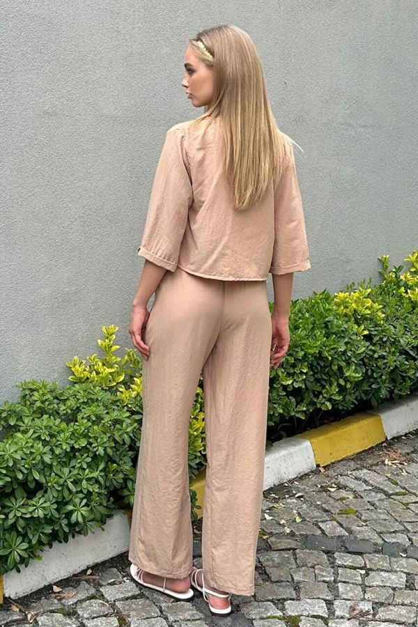Bej Düğmeli Dokuma Pantolon Takım