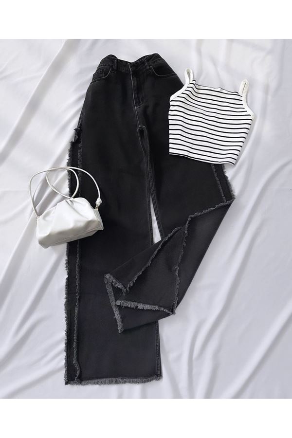 Siyah Yırtmaç Detay Likrasız Jean Pantolon
