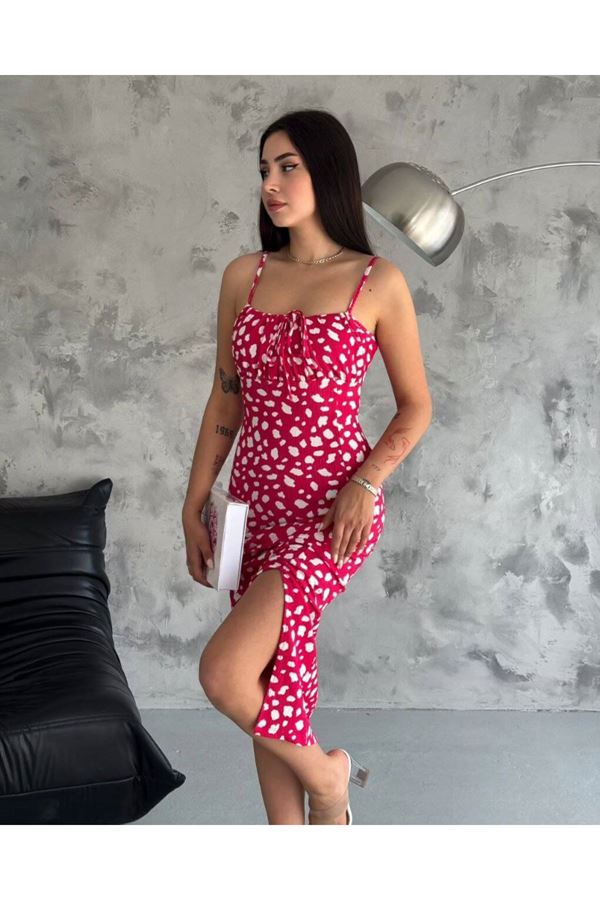 Pembe Leopar Desen Büzgü Detay Uzun Elbise