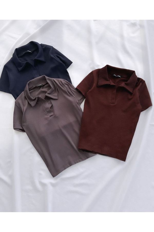 Kahverengi Polo Yaka Crop