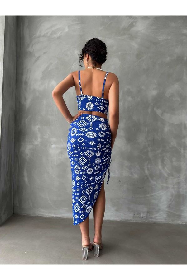 Mavi etnik Desenli Glop Detay  Etek Takım