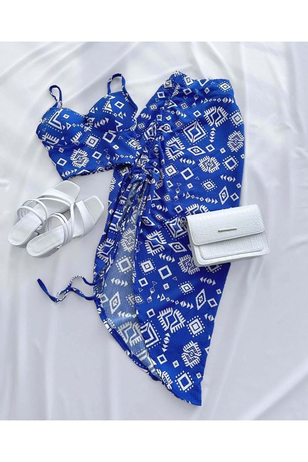 Mavi etnik Desenli Glop Detay  Etek Takım