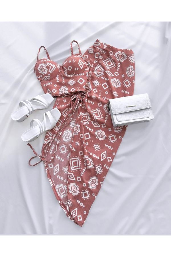 Pembe etnik Desenli Glop Detay  Etek Takım