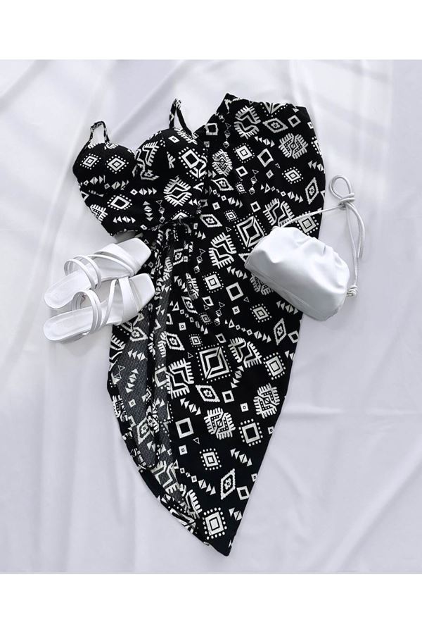 Siyah etnik Desenli Glop Detay  Etek Takım