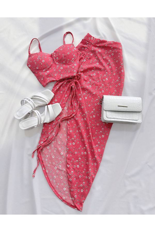 Pembe Çıtır Çiçek Desen Glop Detay Etek Takım 