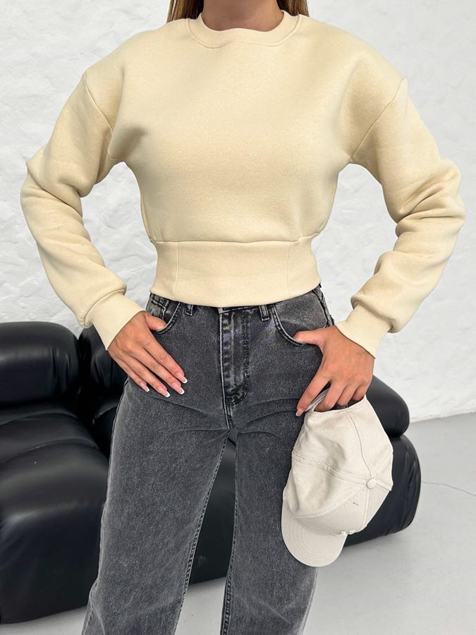 Bej Korsel Bel Detay Kısa Sweat